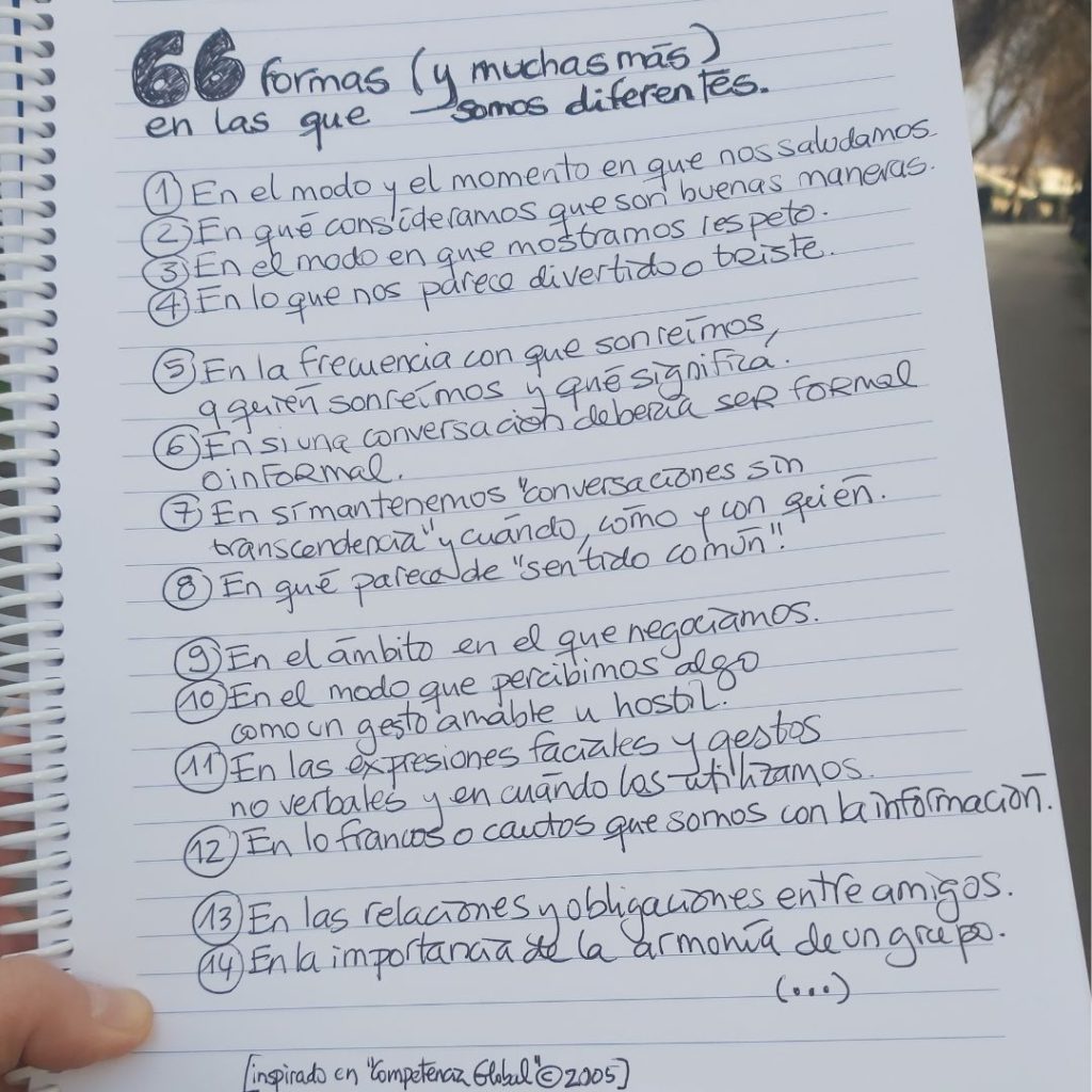 Fotografía de un cuaderno de espiral abierto, con hojas de líneas y texto escrito a mano en tinta negra. En la parte superior se lee el título “66 formas (y muchas más) en las que somos diferentes”. Debajo aparece una lista numerada con ejemplos de diferencias culturales relacionadas con la comunicación, el trato, el tiempo y la toma de decisiones. El cuaderno está sostenido al aire libre, con un fondo desenfocado.